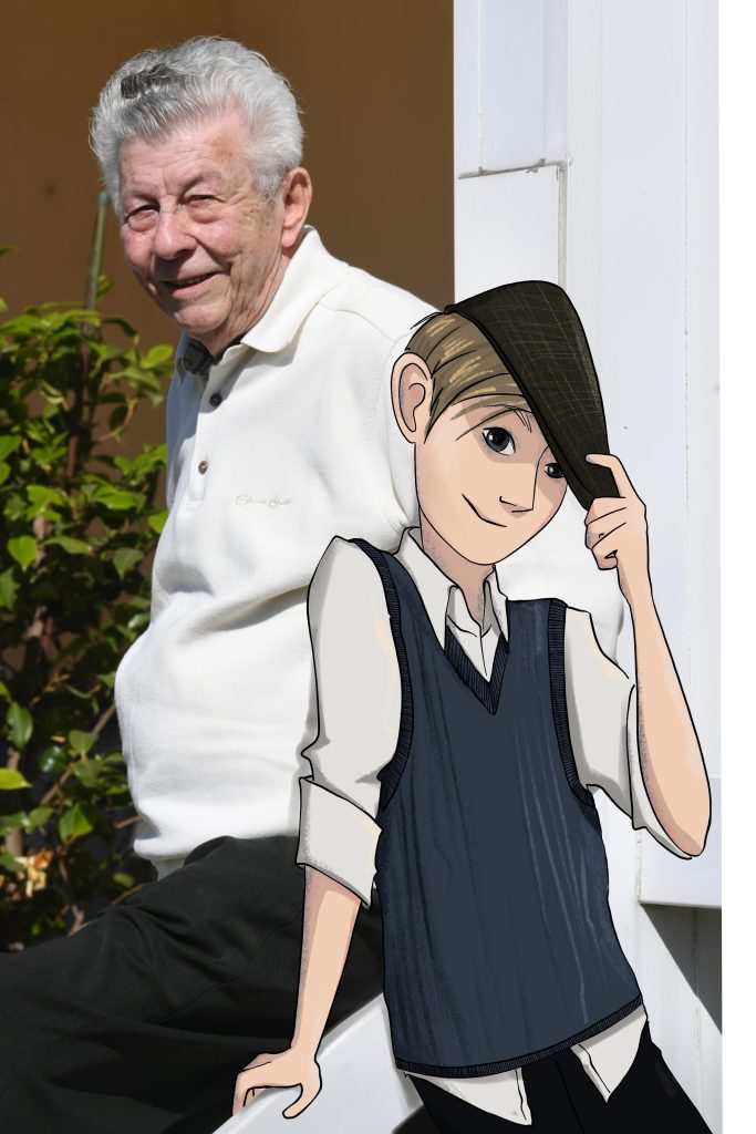 Ein älterer Mann ist seitlich abgebildet und blickt in die Kamera. Vor ihm ist ein gezeichneter Junge mit Schirmmütze zu sehen