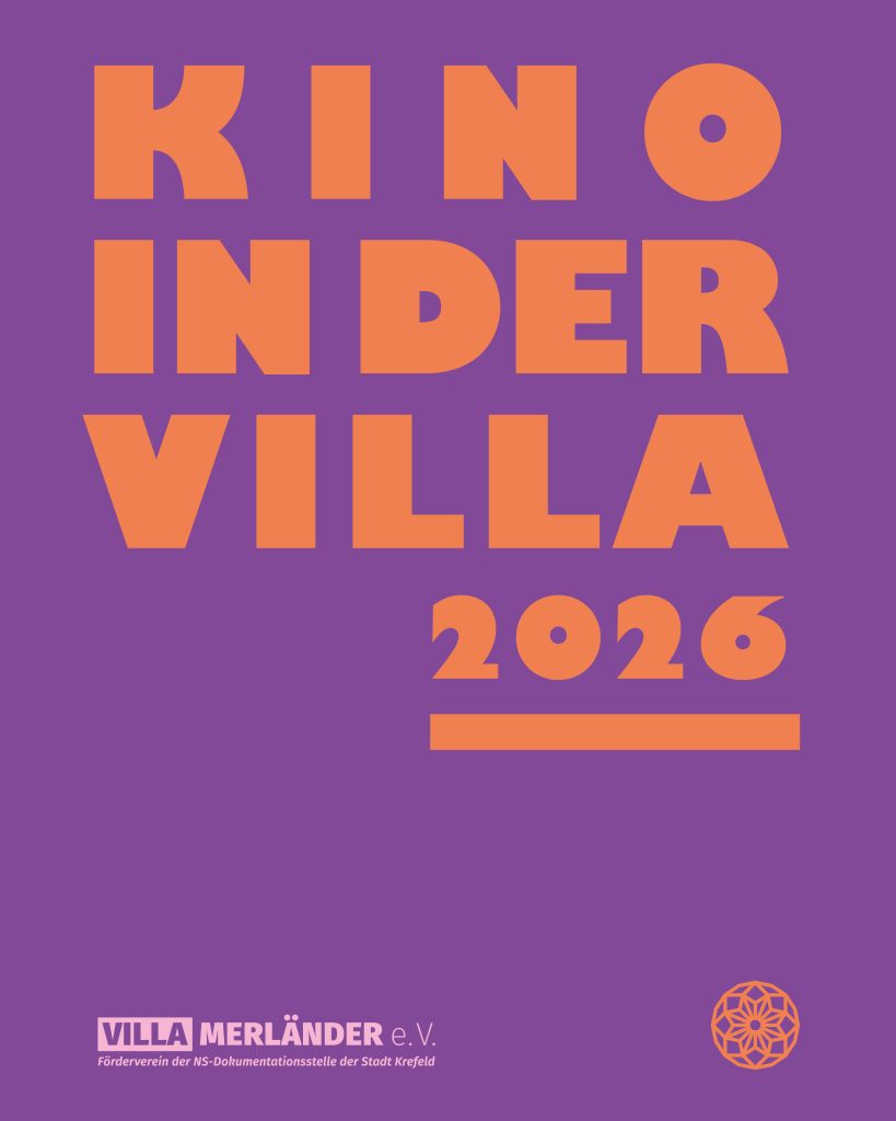 Ein lila farbenes Plakat mit organgfarbener Schrift, Text "Kino in der Villa 2026"
